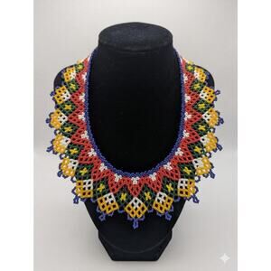 Vintage Indigenous Beaded Collar Necklace Vibrant Geometric Seed Bead